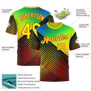 Custom Black Light Yellow Blue-Red 3D Pattern Design Neon Stripe Sport Wear Performance T-Shirt