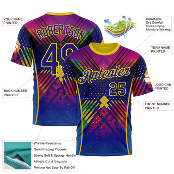 Custom Dark Purple Light Yellow-Red 3D Pattern Design Neon Chromatic Sport Wear Performance T-Shirt