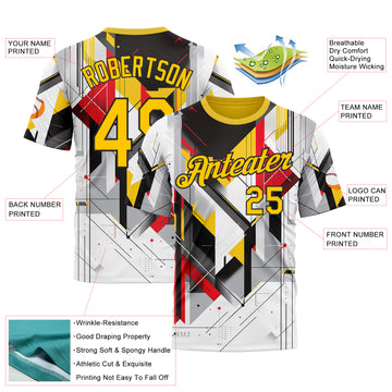 Custom White Yellow Red Black-Gray 3D Pattern Design Germany Geometric Shape Sport Wear Performance T-Shirt