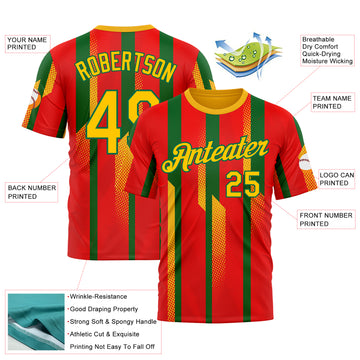 Custom Red Yellow-Kelly Green 3D Pattern Design Mexico Africa Sport Wear Performance T-Shirt