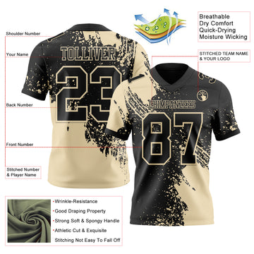 Custom Black Cream 3D Pattern Abstract Brush Stroke Authentic Football Jersey