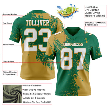 Custom Kelly Green White-Old Gold 3D Pattern Abstract Brush Stroke Mesh Authentic Football Jersey