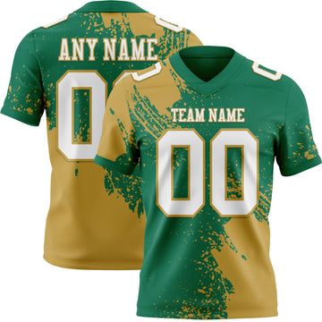 Custom Kelly Green White-Old Gold 3D Pattern Abstract Brush Stroke Mesh Authentic Football Jersey