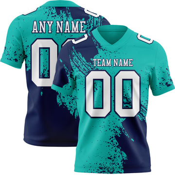 Custom Aqua White-Navy 3D Pattern Abstract Brush Stroke Mesh Authentic Football Jersey