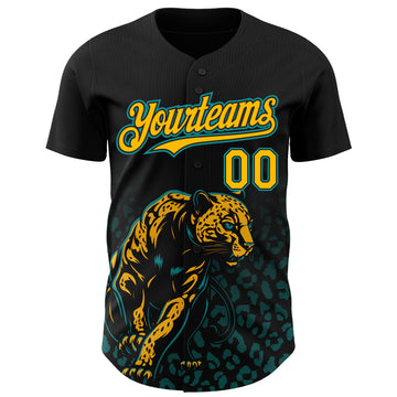 Custom Black Yellow-Teal 3D Pattern Design Gradient Leopard Print Authentic Baseball Jersey