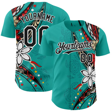 Custom Teal Black-White 3D Hawaii Flower Authentic Baseball Jersey
