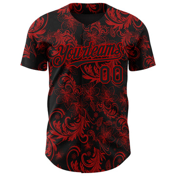 Custom Black Red 3D Pattern Design Flower Authentic Baseball Jersey