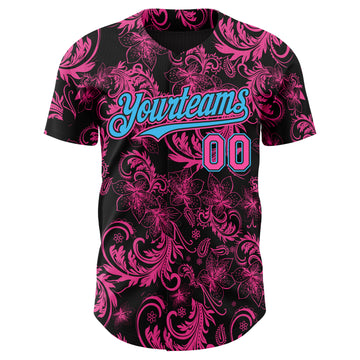 Custom Black Pink-Sky Blue 3D Pattern Design Flower Authentic Baseball Jersey