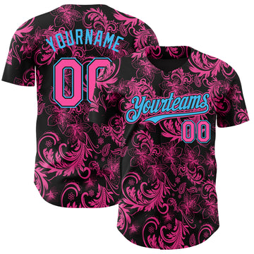 Custom Black Pink-Sky Blue 3D Pattern Design Flower Authentic Baseball Jersey