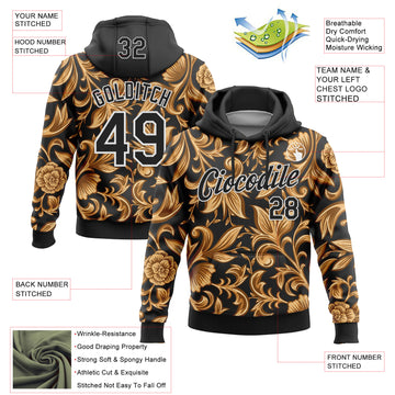 Custom Stitched Black White 3D Pattern Design Golden Subtle Floral Sports Pullover Sweatshirt Hoodie