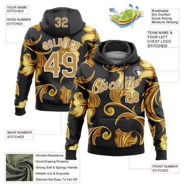 Custom Stitched Black Old Gold-White 3D Pattern Design Golden Subtle Floral Sports Pullover Sweatshirt Hoodie