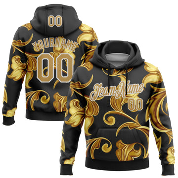 Custom Stitched Black Old Gold-White 3D Pattern Design Golden Subtle Floral Sports Pullover Sweatshirt Hoodie