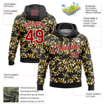 Custom Stitched Black Red-White 3D Pattern Design Golden Subtle Floral Sports Pullover Sweatshirt Hoodie
