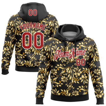 Custom Stitched Black Red-White 3D Pattern Design Golden Subtle Floral Sports Pullover Sweatshirt Hoodie