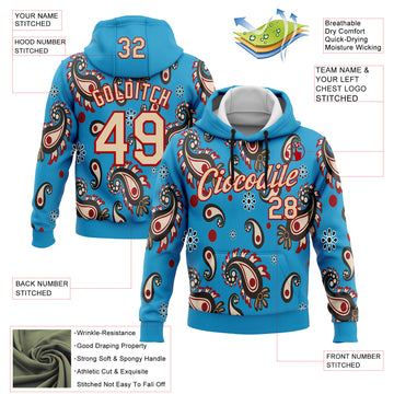 Custom Stitched Panther Blue City Cream-Red 3D Pattern Design Ethnic Paisley Floral Bandana Sports Pullover Sweatshirt Hoodie
