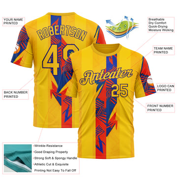 Custom Yellow Red-Dark Purple 3D Pattern Design Color Block Stripe Sport Wear Performance T-Shirt