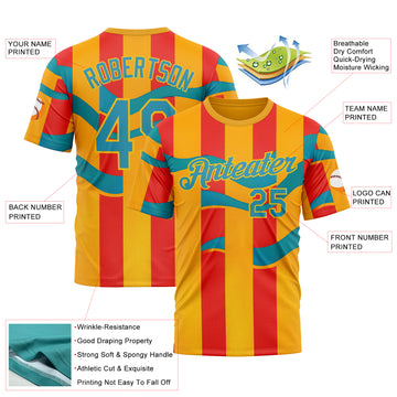 Custom Yellow Panther Blue-Red 3D Pattern Design Color Block Stripe Sport Wear Performance T-Shirt