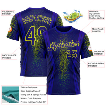 Custom Blue Dark Purple-Neon Yellow 3D Pattern Design Abstract Net Sport Wear Performance T-Shirt