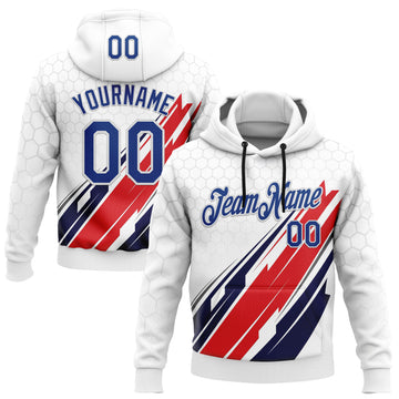Custom Stitched White Royal-Red 3D Pattern Design American Inspired Abstract Geometric Honeycomb Shape Sports Wear Pullover Sweatshirt Hoodie