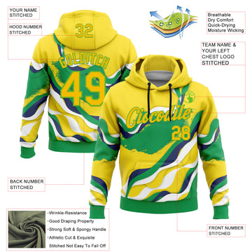 Custom Stitched Yellow Green-Aurora Green 3D Pattern Design Brazil Inspired Abstract Wave Sports Wear Pullover Sweatshirt Hoodie