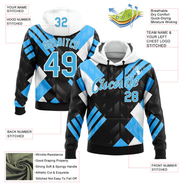 Custom Stitched Black Sky Blue Blue-White 3D Pattern Design Chelsea Argentine Inspired Geometric Shape Sports Wear Pullover Sweatshirt Hoodie