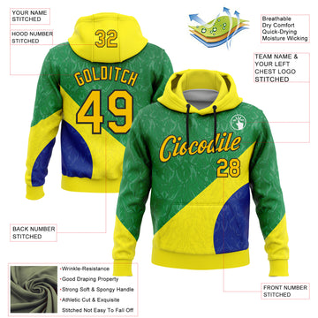 Custom Stitched Green Yellow Blue-Black 3D Pattern Design Brazil Inspired Subtle Sports Wear Pullover Sweatshirt Hoodie
