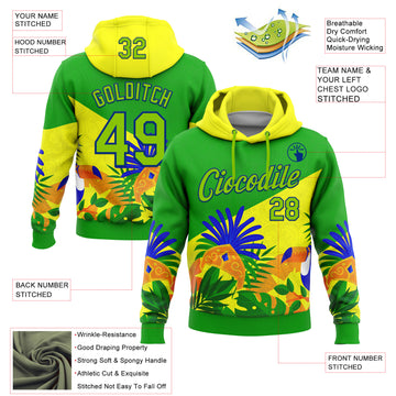 Custom Stitched Green Neon Green Yellow-Royal 3D Pattern Design Brazil Inspired Tropical Plants Sports Wear Pullover Sweatshirt Hoodie