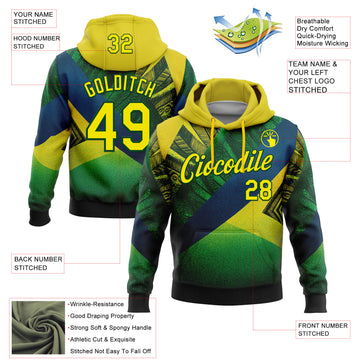 Custom Stitched Green Light Yellow-Blue 3D Pattern Design Brazil Inspired Geometric Tribal Sports Wear Pullover Sweatshirt Hoodie