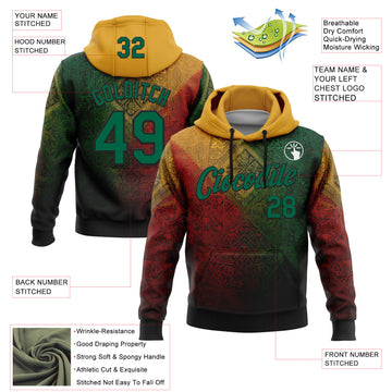 Custom Stitched Yellow Kelly Green Red-Black 3D Pattern Design Brazil Mexico Inspired Geometric Tribal Sports Wear Pullover Sweatshirt Hoodie