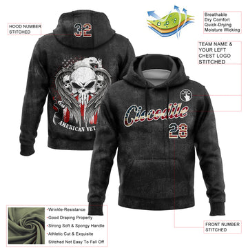 Custom Stitched Black Vintage USA Flag-White 3D American Flag Retro Distressed Veteran Skull Grunge Sports Pullover Sweatshirt Hoodie