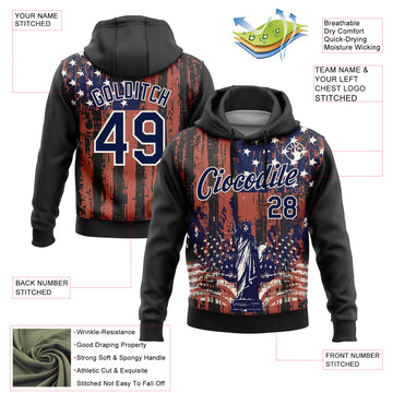 Custom Stitched Black Navy-Cream 3D American Flag Retro Distressed Statue of Liberty Grunge Sports Pullover Sweatshirt Hoodie