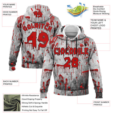 Custom Gray Red-Black 3D Halloween Creepy Blood Horror Sports Pullover Sweatshirt Hoodie
