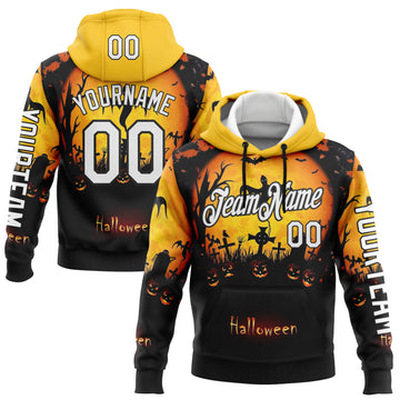 Custom Yellow White-Black 3D Halloween Bat Spooky Sports Pullover Sweatshirt Hoodie