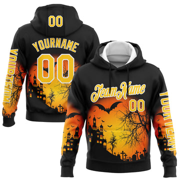 Custom Black Yellow-White 3D Halloween Bat Spooky Sports Pullover Sweatshirt Hoodie