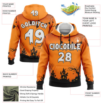 Custom Orange White-Black 3D Halloween Spider Net Spooky Sports Pullover Sweatshirt Hoodie