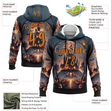 Custom Blue Bay Orange-Black 3D Halloween Pumpkin Spooky Sports Pullover Sweatshirt Hoodie
