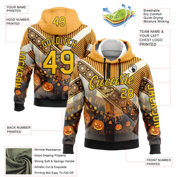 Custom Yellow Black 3D Halloween Pumpkin Spooky Stripe Sports Pullover Sweatshirt Hoodie