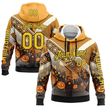 Custom Yellow Black 3D Halloween Pumpkin Spooky Stripe Sports Pullover Sweatshirt Hoodie