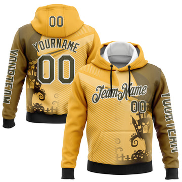 Custom Yellow Olive-White 3D Halloween Spooky Sportswear Sports Pullover Sweatshirt Hoodie