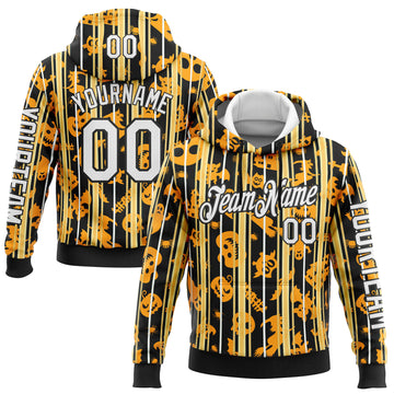 Custom Yellow White-Black 3D Halloween Pumpkin Spooky Stripe Sports Pullover Sweatshirt Hoodie