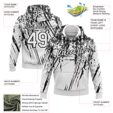 Custom Stitched White Black 3D Pattern Design Splash Grunge Art Sports Pullover Sweatshirt Hoodie