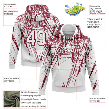 Custom Stitched White Crimson 3D Pattern Design Splash Grunge Art Sports Pullover Sweatshirt Hoodie