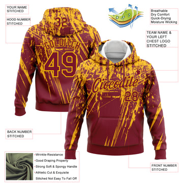 Custom Stitched Crimson Gold 3D Pattern Design Splash Grunge Art Sports Pullover Sweatshirt Hoodie