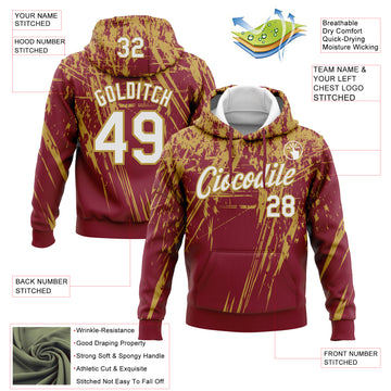 Custom Stitched Crimson White-Old Gold 3D Pattern Design Splash Grunge Art Sports Pullover Sweatshirt Hoodie