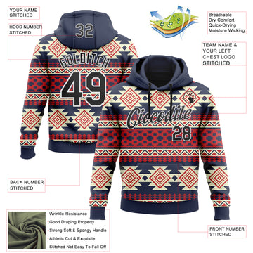 Custom Stitched Navy Black Red-White 3D Mexico Aztec Pattern Sports Pullover Sweatshirt Hoodie