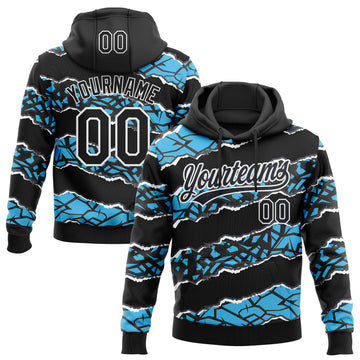 Custom Stitched Black Sky Blue-White 3D Pattern Design Torn Paper Style Sports Pullover Sweatshirt Hoodie