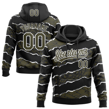 Custom Stitched Black Olive-White 3D Pattern Design Torn Paper Style Sports Pullover Sweatshirt Hoodie