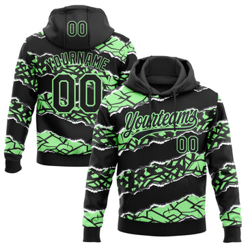Custom Stitched Black Pea Green-White 3D Pattern Design Torn Paper Style Sports Pullover Sweatshirt Hoodie