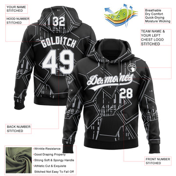 Custom Stitched Black White-Gray 3D Pattern Design Line Sportswear Pullover Sweatshirt Hoodie
