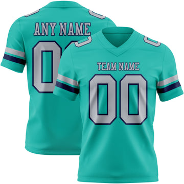 Custom Aqua Gray-Navy Mesh Authentic Football Jersey